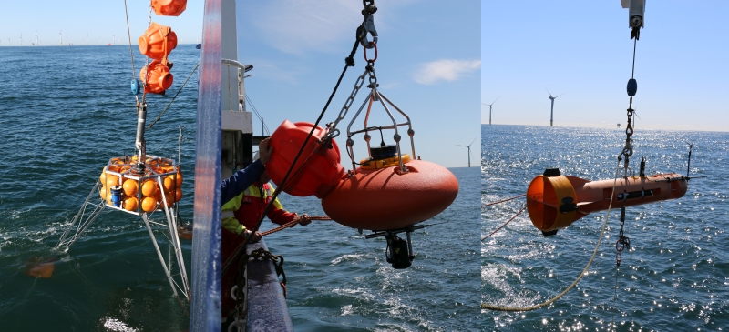 Oceanographic equipment used during OBLEX-F1. Bottom frame (left), submerged buoy system (middle) and submerged Moored Autonomous Turbulence System (right).